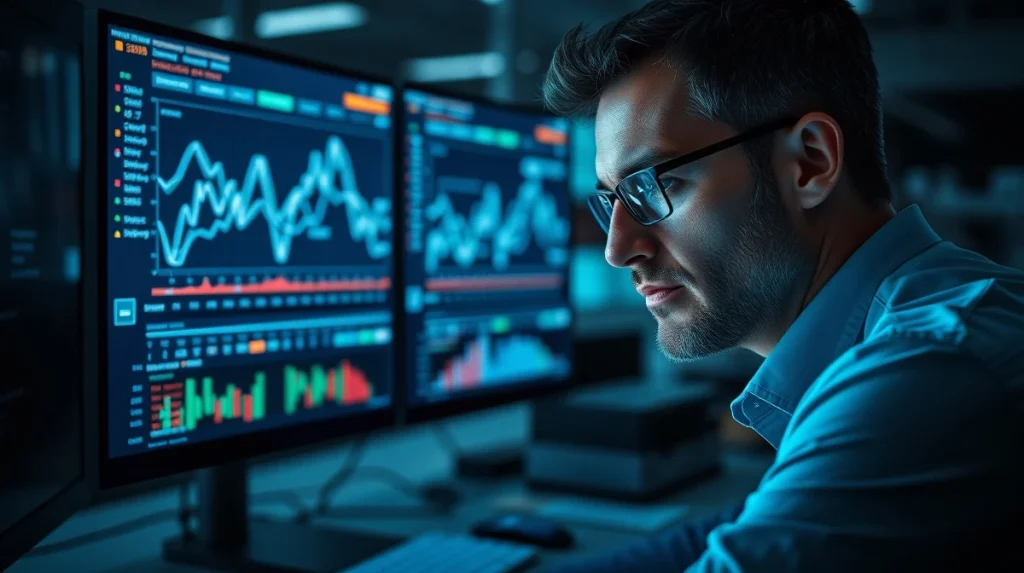 Analyst reviewing BlockDAG presale data and regulatory warnings on computer monitors.