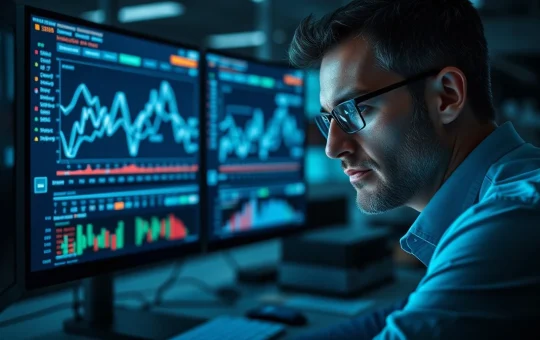 Analyst reviewing BlockDAG presale data and regulatory warnings on computer monitors.