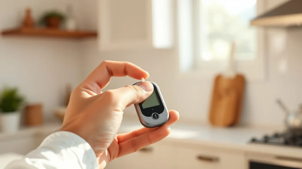 A person using a modern blood glucose monitor for diabetes management at home.