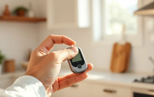 A person using a modern blood glucose monitor for diabetes management at home.