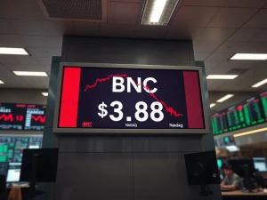 BNC stock ticker showing dramatic 95% crash on Nasdaq trading floor during BNB treasury collapse