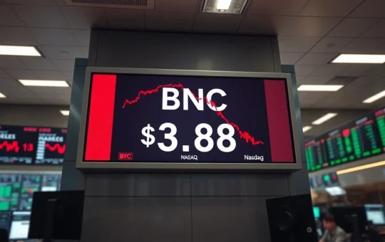 BNC stock ticker showing dramatic 95% crash on Nasdaq trading floor during BNB treasury collapse