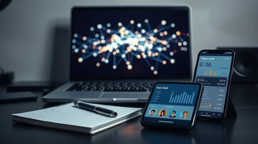 Professional workspace showing a blockchain network visualization and a token sale dashboard on a screen.