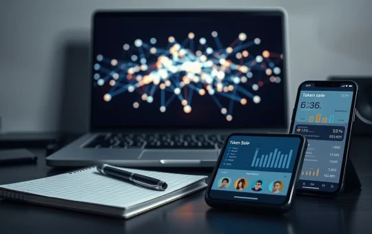 Professional workspace showing a blockchain network visualization and a token sale dashboard on a screen.