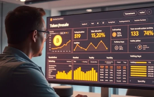 Analyst reviewing crypto token presale data and vesting schedules on a digital dashboard.