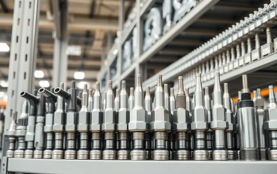 Industrial bulk spray nozzles organized on warehouse shelves for global sourcing.
