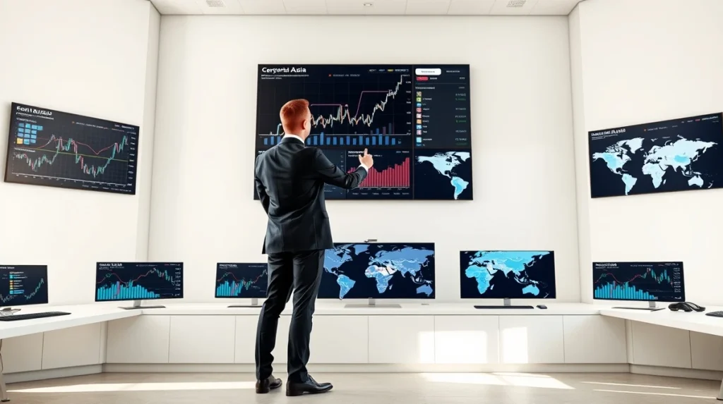 Financial analyst monitoring cryptocurrency market data and blockchain networks in a professional setting for 2026 investment strategy.