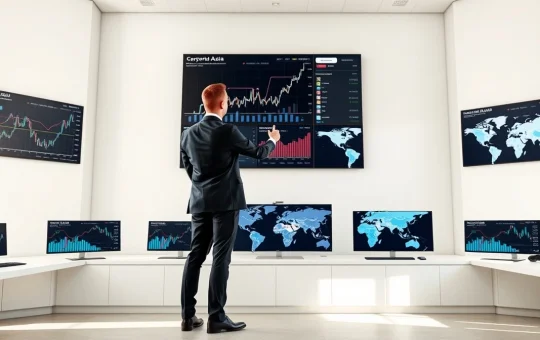Financial analyst monitoring cryptocurrency market data and blockchain networks in a professional setting for 2026 investment strategy.