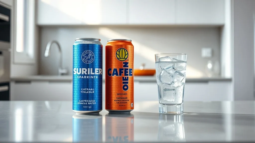 Caffeinated sparkling water cans and glass on a counter, representing the booming functional beverage market.