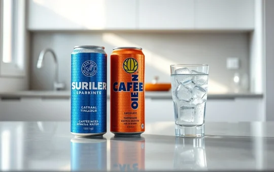 Caffeinated sparkling water cans and glass on a counter, representing the booming functional beverage market.