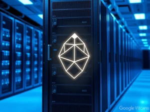 Google Cloud data center server with Cardano ADA blockchain logo, representing the new validator partnership.