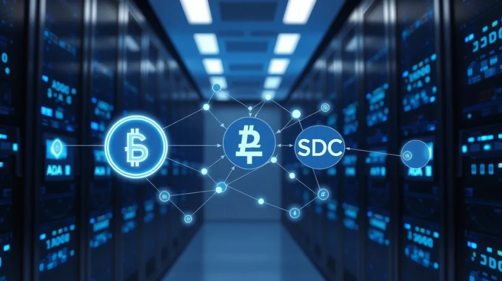 Cardano blockchain network visualization with USDC stablecoin integration showing data flow connections