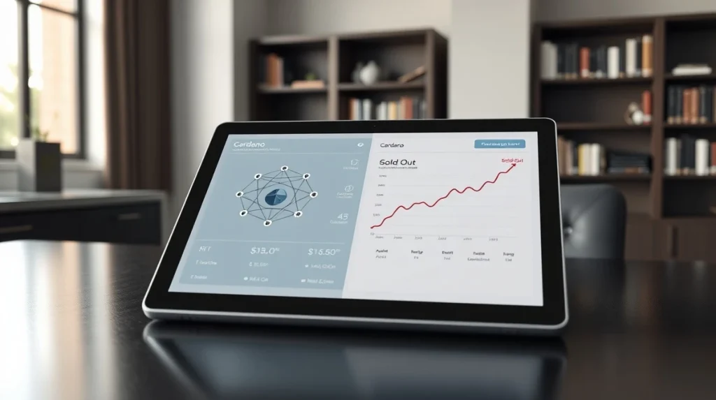 Digital dashboard showing Cardano network analytics and Taurox presale completion data for cryptocurrency market analysis.