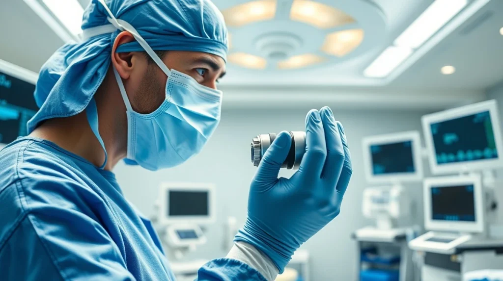 Neurosurgeon adjusting a programmable cerebrospinal fluid shunt valve during surgery.