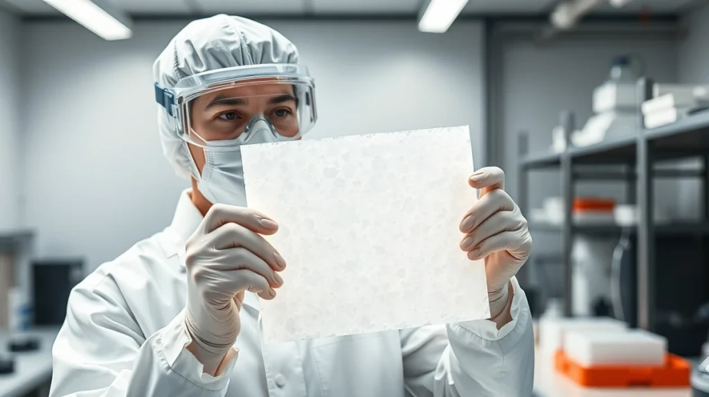 Laboratory technician examining advanced aerogel insulation material for industrial gas membrane applications