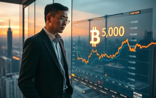 Chinese cryptocurrency investor analyzing Bitcoin price chart with $500,000 target prediction in Shanghai financial district