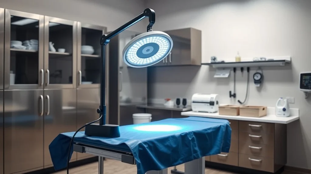 Portable LED veterinary surgical light in use in a small animal clinic setting.