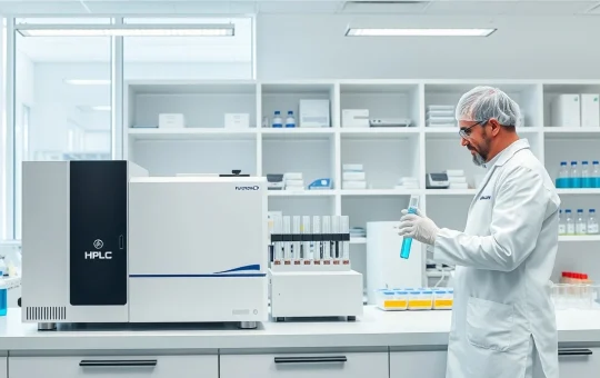 Chromatography accessories and HPLC system in modern laboratory for pharmaceutical testing and research analysis