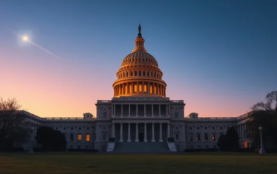 U.S. Capitol at dusk with blockchain visualization representing the CLARITY Act and Bitcoin regulation debate.