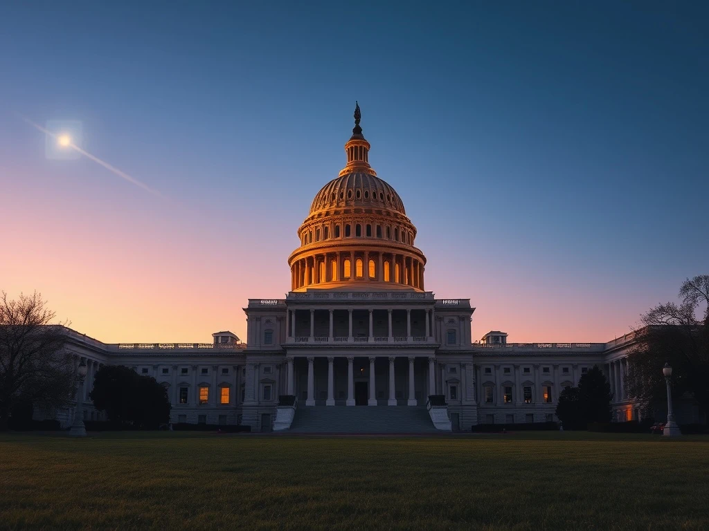 U.S. Capitol at dusk with blockchain visualization representing the CLARITY Act and Bitcoin regulation debate.