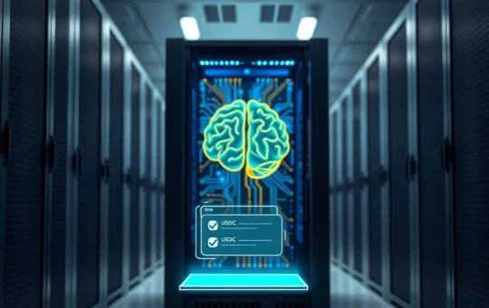 AI server processing cryptocurrency transactions with a stablecoin wallet interface, representing Coinbase's autonomous agent announcement.