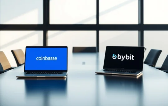 Editorial image symbolizing strategic talks between Coinbase and Bybit exchanges.