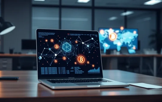Editorial image of a laptop displaying blockchain and cryptocurrency data visualizations.
