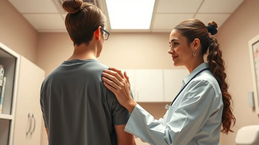 Medical professional examining a teenage patient following FDA approval of COSENTYX for pediatric hidradenitis suppurativa.