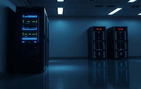 Analyst report on dead chains crypto projects showing active and inactive network servers in a data center.