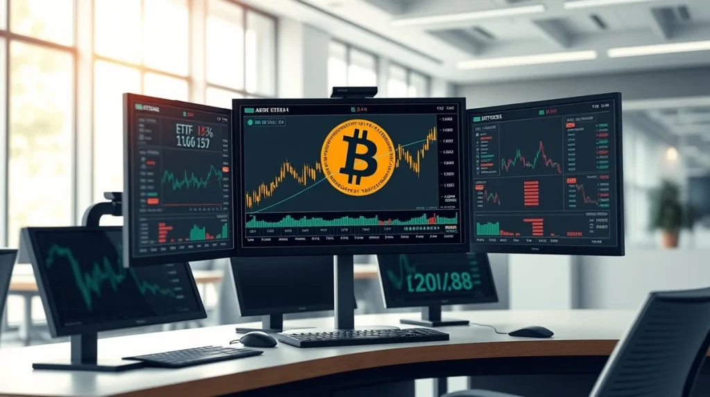 Financial trading desk analyzing cryptocurrency ETF market data and institutional investment flows