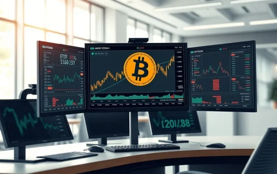 Financial trading desk analyzing cryptocurrency ETF market data and institutional investment flows