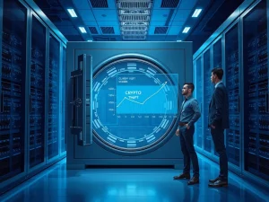 Secure digital vault and analyst in server room symbolizing reduced cryptocurrency hacking losses in 2026.