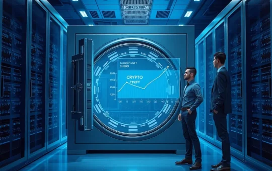 Secure digital vault and analyst in server room symbolizing reduced cryptocurrency hacking losses in 2026.