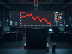 Crypto liquidation shock shown on trading desk monitors as Bitcoin, Ethereum, and Solana charts crash.