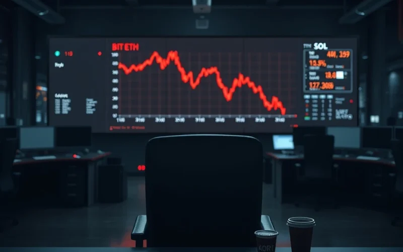 Crypto liquidation shock shown on trading desk monitors as Bitcoin, Ethereum, and Solana charts crash.