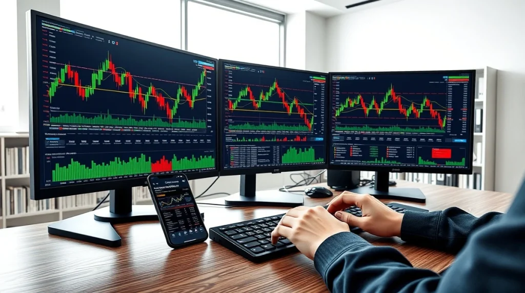 Professional cryptocurrency market analysis showing trading desk with multiple price charts and market data monitors