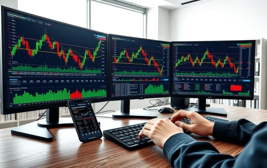 Professional cryptocurrency market analysis showing trading desk with multiple price charts and market data monitors