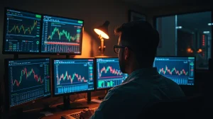 Analyst monitors crypto market data showing capitulation signals on multiple screens.