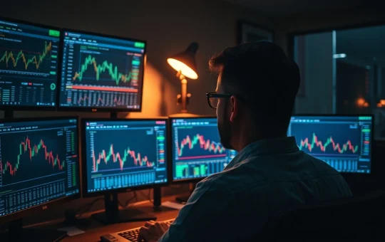 Analyst monitors crypto market data showing capitulation signals on multiple screens.