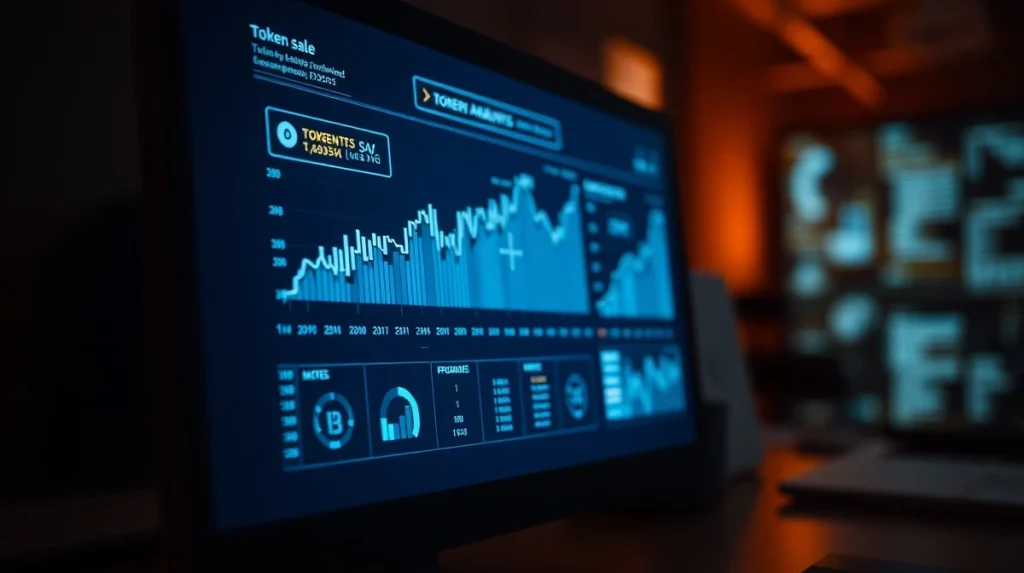 Analytics dashboard showing crypto presale data and user growth metrics on a digital screen.