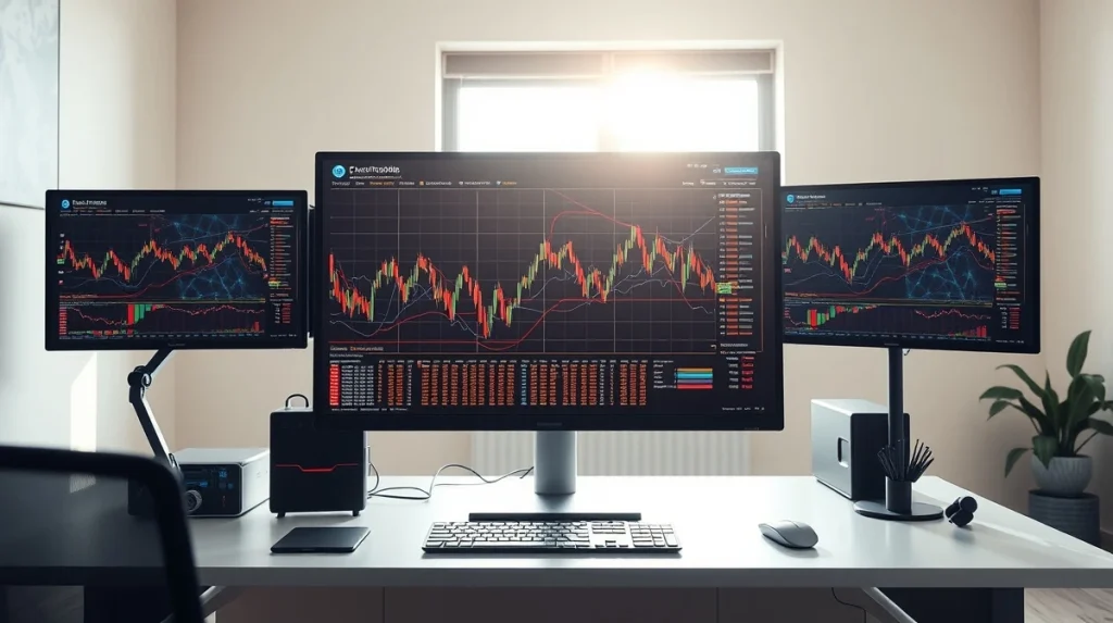 Cryptocurrency market analysis workspace showing blockchain network visualizations and investment data screens