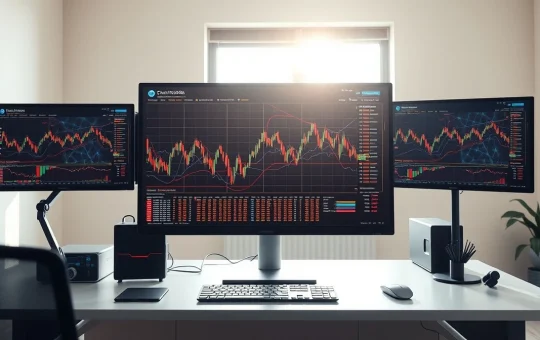 Cryptocurrency market analysis workspace showing blockchain network visualizations and investment data screens