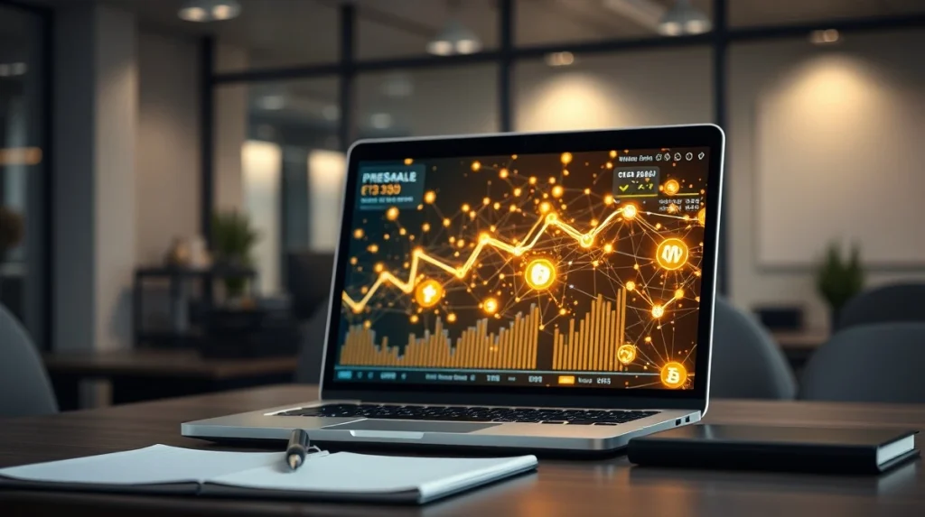 Analysis of crypto presale tokenomics and fundraising trends on a laptop screen.