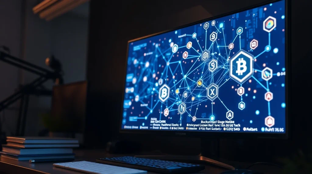Editorial image of a computer screen displaying blockchain and cryptocurrency data visualizations.