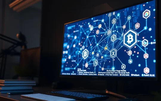 Editorial image of a computer screen displaying blockchain and cryptocurrency data visualizations.