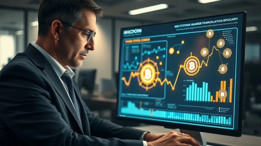 Analyst reviewing crypto presale tokenomics and blockchain data on a digital interface.