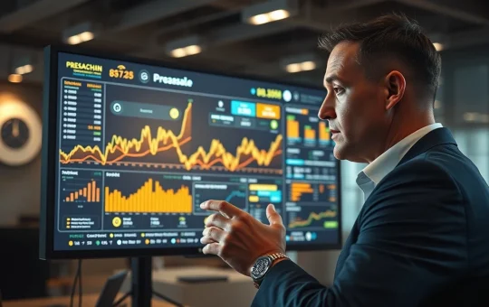 An investor analyzes a dashboard showing crypto presale data and tokenomics.