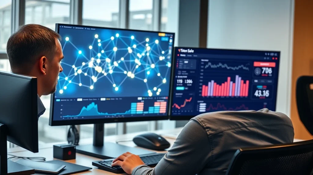 Financial analyst monitors blockchain network and token sale metrics on dual screens.