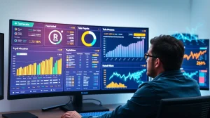 Analyst reviewing cryptocurrency presale data and tokenomics charts on computer screen