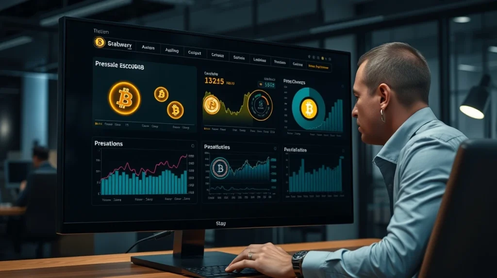 An investor analyzes a dashboard with crypto presale token data and charts.